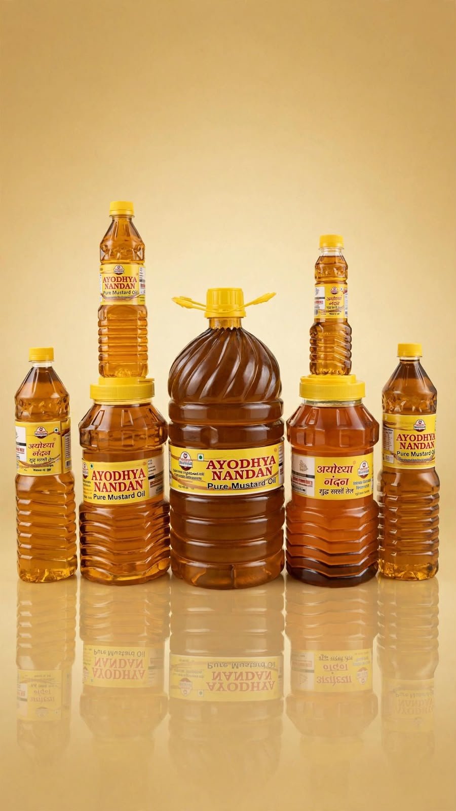 Ayodhya Nandan pure mustard oil bottles and family-size jars